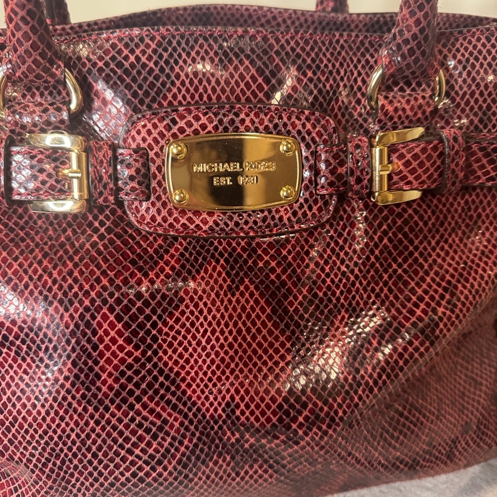 Michael Kors Large Red & Black Python Embossed Leather Satchel - Gold HW - Picture 2 of 16
